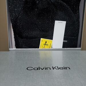 Calvin Klein Black Metallic Knit Beanie&Scarf